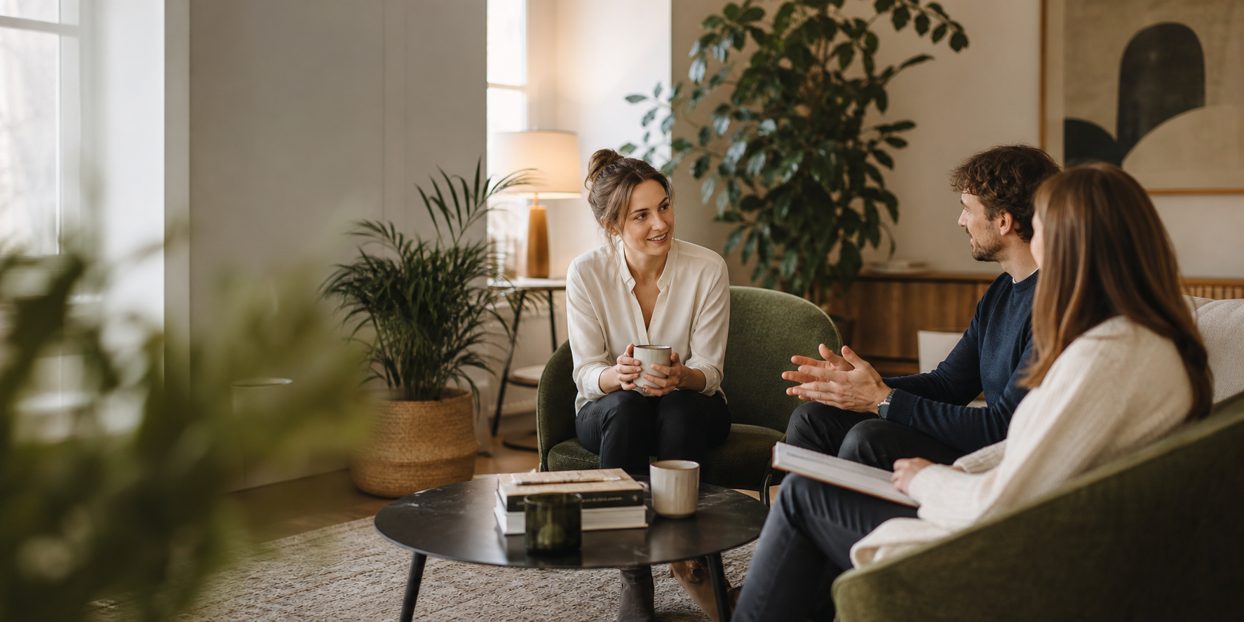 A calm professional conversation in a warm office lounge